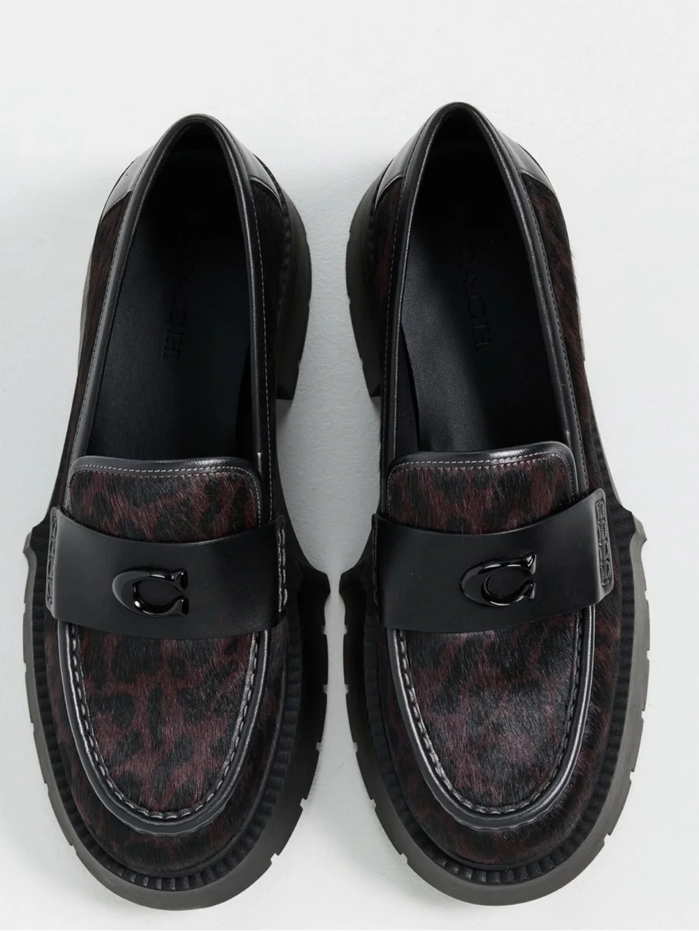 NWT Coach Woman Black Brown Leopard-Print Leather Loafers.